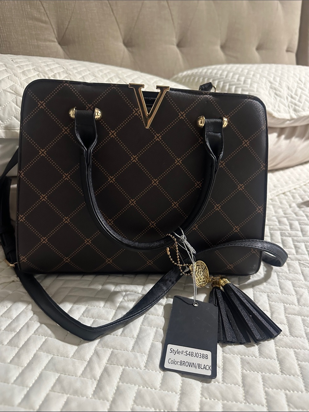 V-Emblem Brown and Black Women's Satchel
